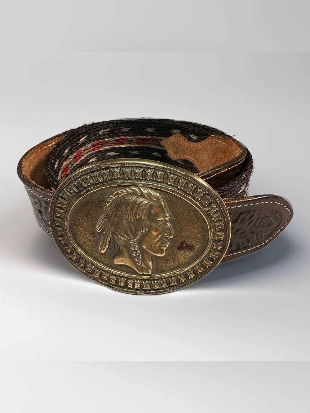 Vintage Braided Horsehair & Tooled Leather Western Belt Size 36 Solid Brass Indi
